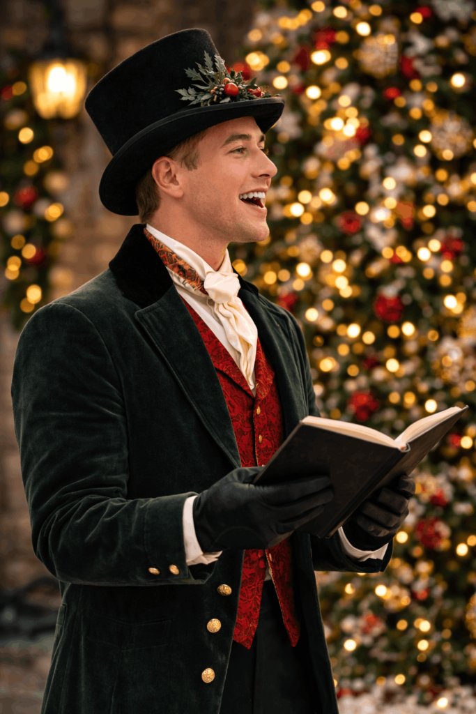 Christmas caroler in Victorian clothing